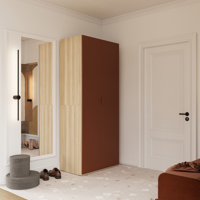 Armoire CALMIA terracotta et chêne clair 90 cm avec penderie et étagères
