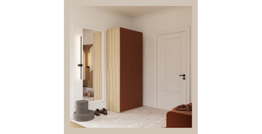 Armoire CALMIA terracotta et chêne clair 90 cm avec penderie et étagères
