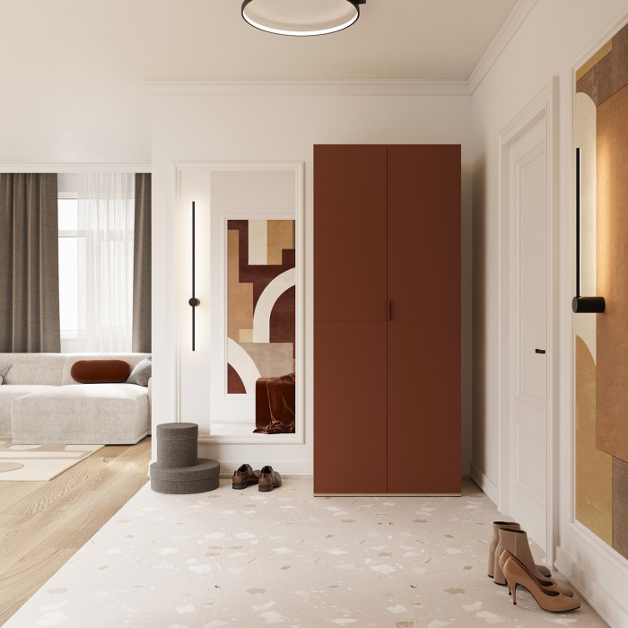 Armoire CALMIA terracotta et chêne clair 90 cm avec penderie et étagères