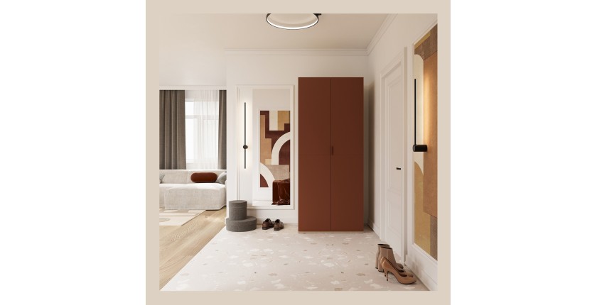 Armoire CALMIA terracotta et chêne clair 90 cm avec penderie et étagères