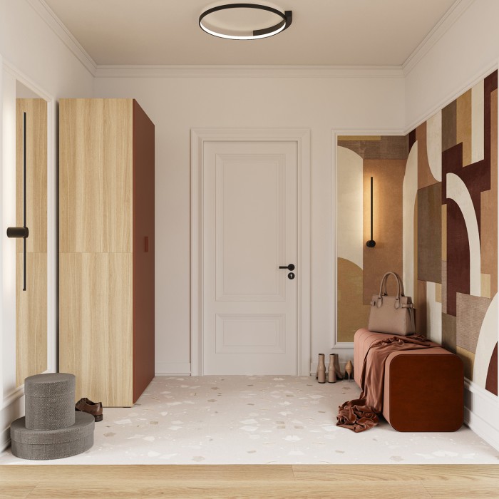 Armoire CALMIA terracotta et chêne clair 90 cm avec penderie et étagères