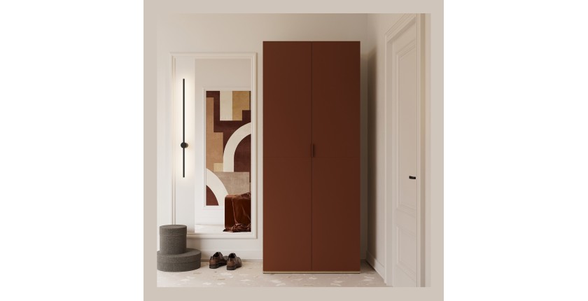 Armoire CALMIA terracotta et chêne clair 90 cm avec penderie et étagères