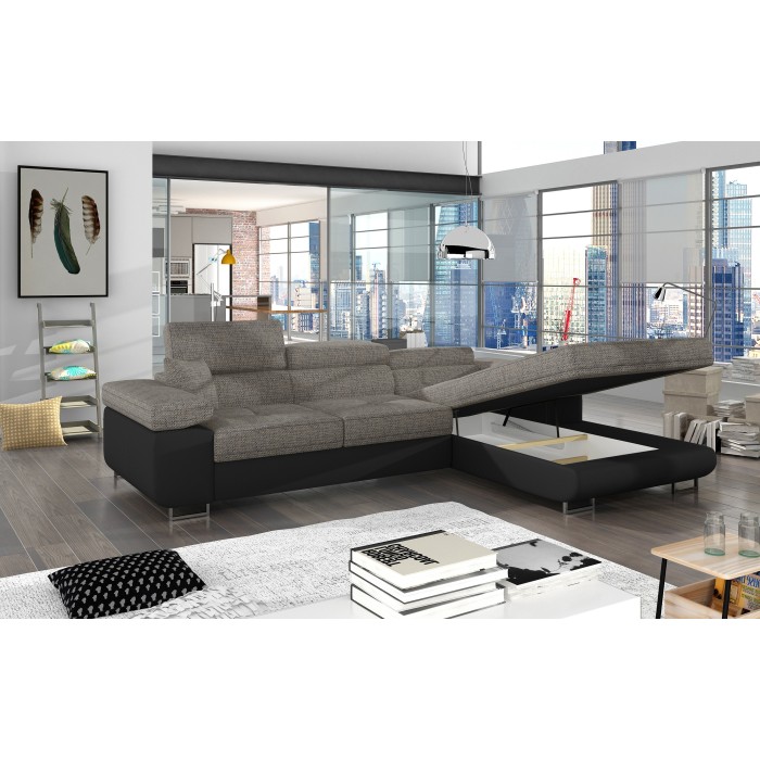 Canapé d’angle convertible AMANDA gris et noir – Tissu effet lin – Angle droit 
