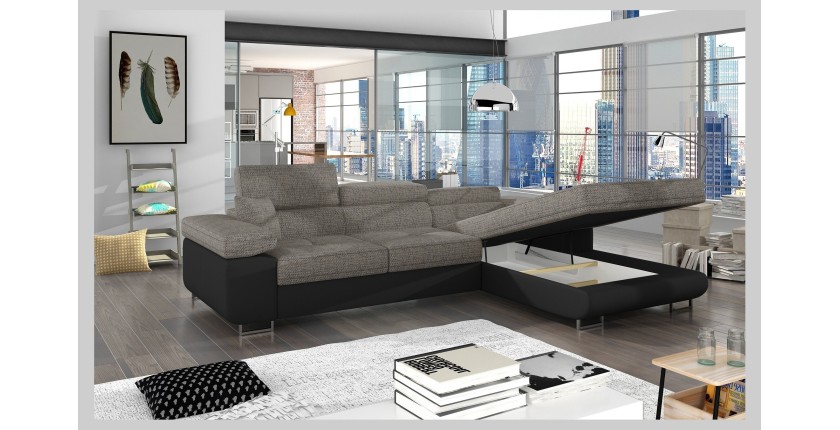 Canapé d’angle convertible AMANDA gris et noir – Tissu effet lin – Angle droit 
