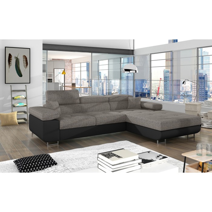 Canapé d’angle convertible AMANDA gris et noir – Tissu effet lin – Angle droit 