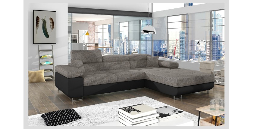 Canapé d’angle convertible AMANDA gris et noir – Tissu effet lin – Angle droit 