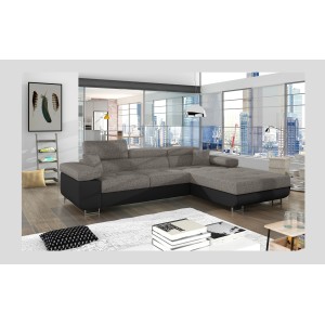 Canapé d’angle convertible AMANDA gris et noir – Tissu effet lin – Angle droit 