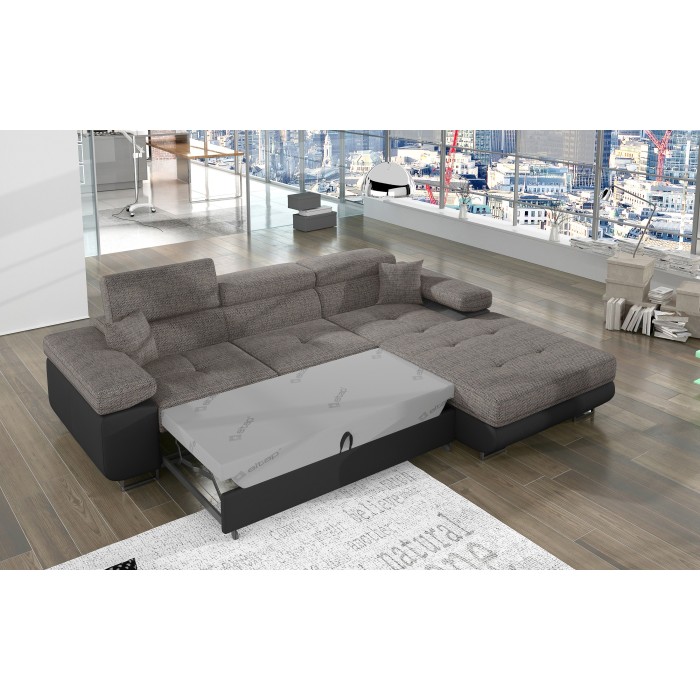 Canapé d’angle convertible AMANDA gris et noir – Tissu effet lin – Angle droit 