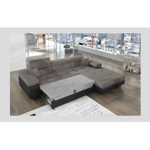 Canapé d’angle convertible AMANDA gris et noir – Tissu effet lin – Angle droit 