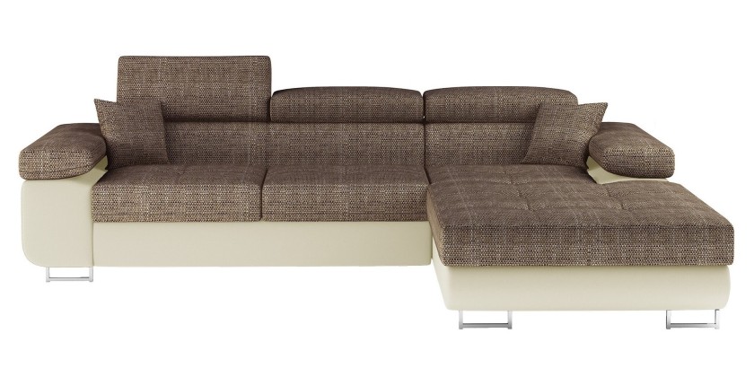 Canapé d’angle convertible AMANDA beige et crème – Tissu effet lin – Angle droit 