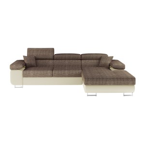 Canapé d’angle convertible AMANDA beige et crème – Tissu effet lin – Angle droit 