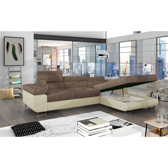 Canapé d’angle convertible AMANDA beige et crème – Tissu effet lin – Angle droit 