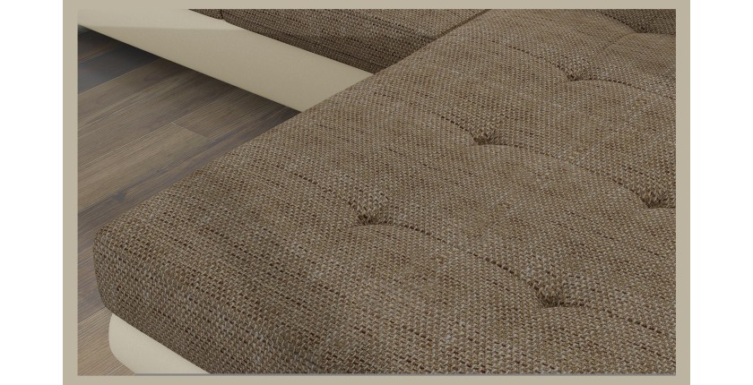 Canapé d’angle convertible AMANDA beige et crème – Tissu effet lin – Angle droit 