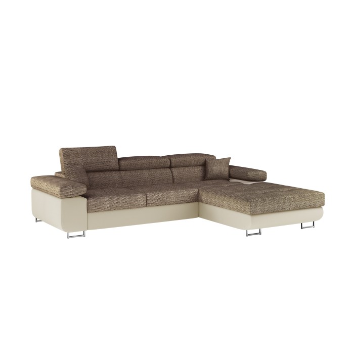 Canapé d’angle convertible AMANDA beige et crème – Tissu effet lin – Angle droit 