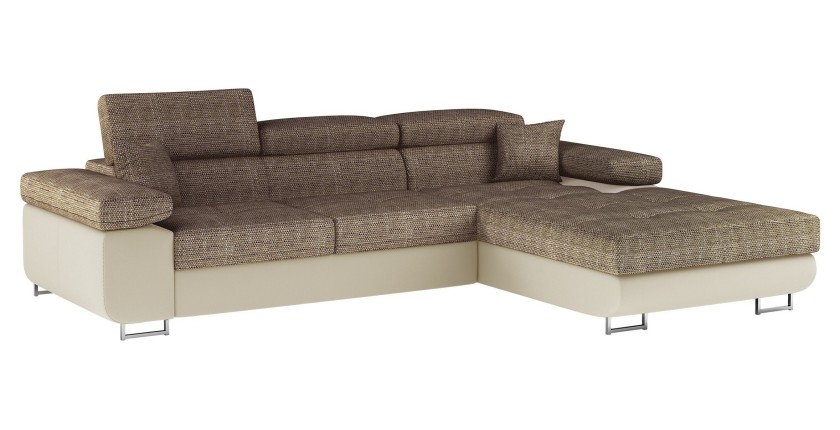 Canapé d’angle convertible AMANDA beige et crème – Tissu effet lin – Angle droit 
