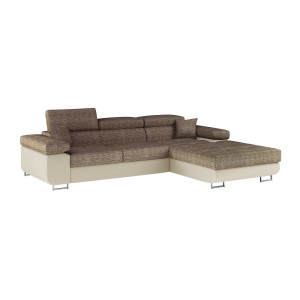 Canapé d’angle convertible AMANDA beige et crème – Tissu effet lin – Angle droit 