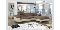 Canapé d’angle convertible AMANDA beige et crème – Tissu effet lin – Angle droit 