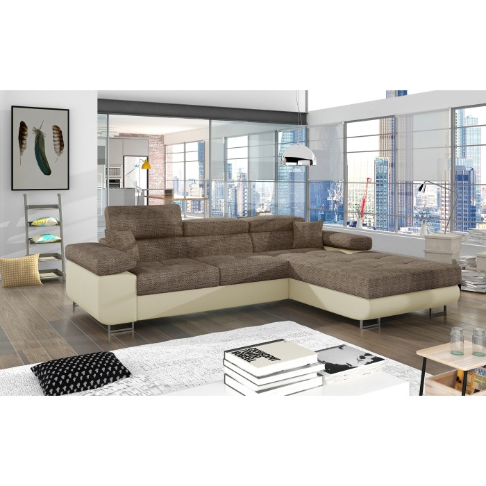 Canapé d’angle convertible AMANDA beige et crème – Tissu effet lin – Angle droit 