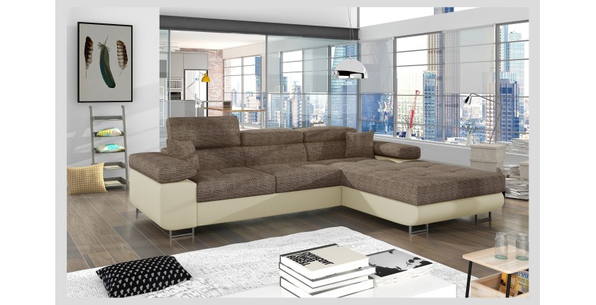 Canapé d’angle convertible AMANDA beige et crème – Tissu effet lin – Angle droit 