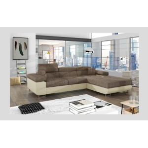 Canapé d’angle convertible AMANDA beige et crème – Tissu effet lin – Angle droit 