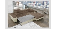 Canapé d’angle convertible AMANDA beige et crème – Tissu effet lin – Angle droit 