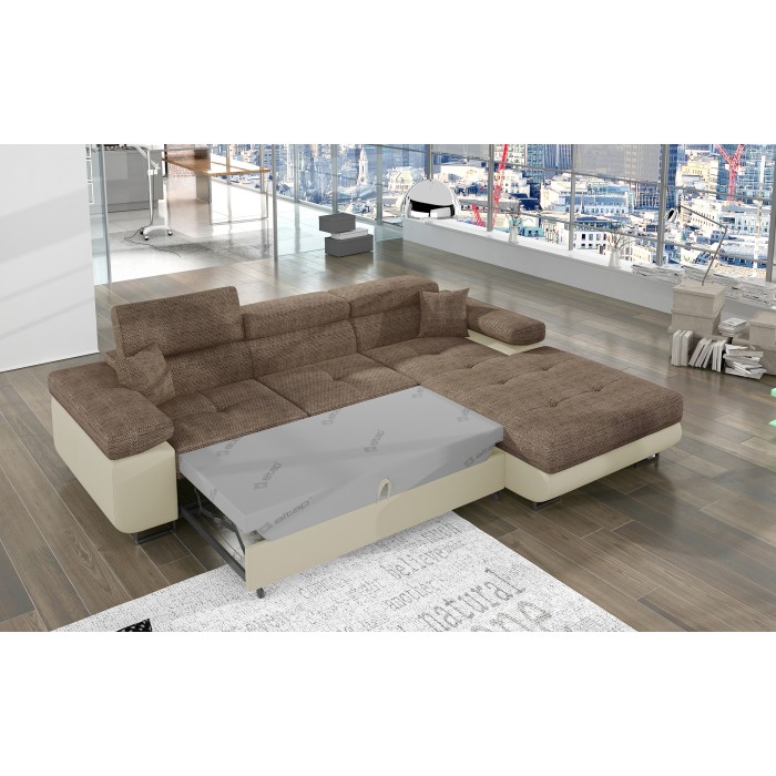 Canapé d’angle convertible AMANDA beige et crème – Tissu effet lin – Angle droit 