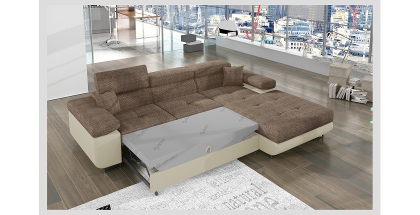 Canapé d’angle convertible AMANDA beige et crème – Tissu effet lin – Angle droit 