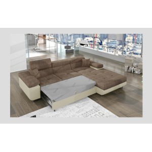 Canapé d’angle convertible AMANDA beige et crème – Tissu effet lin – Angle droit 