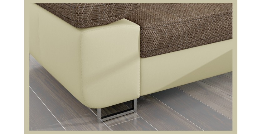 Canapé d’angle convertible AMANDA beige et crème – Tissu effet lin – Angle droit 