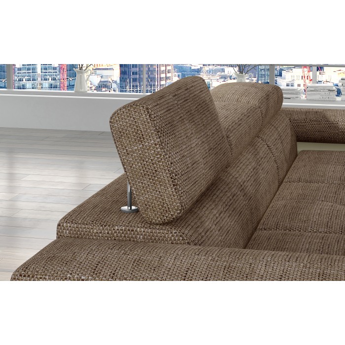 Canapé d’angle convertible AMANDA beige et crème – Tissu effet lin – Angle droit 
