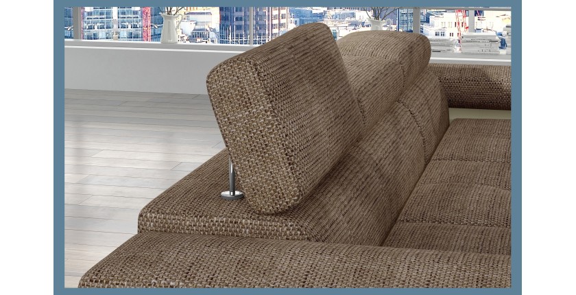 Canapé d’angle convertible AMANDA beige et crème – Tissu effet lin – Angle droit 