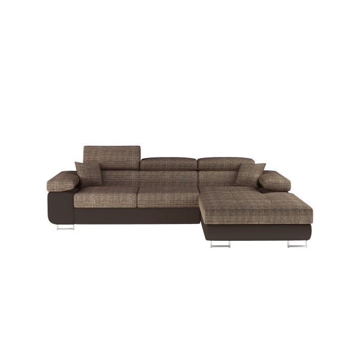 Canapé d’angle convertible AMANDA beige et chocolat – Tissu effet lin – Angle droit 