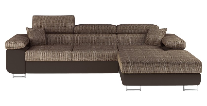 Canapé d’angle convertible AMANDA beige et chocolat – Tissu effet lin – Angle droit 
