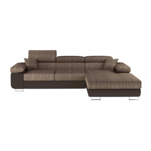 Canapé d’angle convertible AMANDA beige et chocolat – Tissu effet lin – Angle droit 