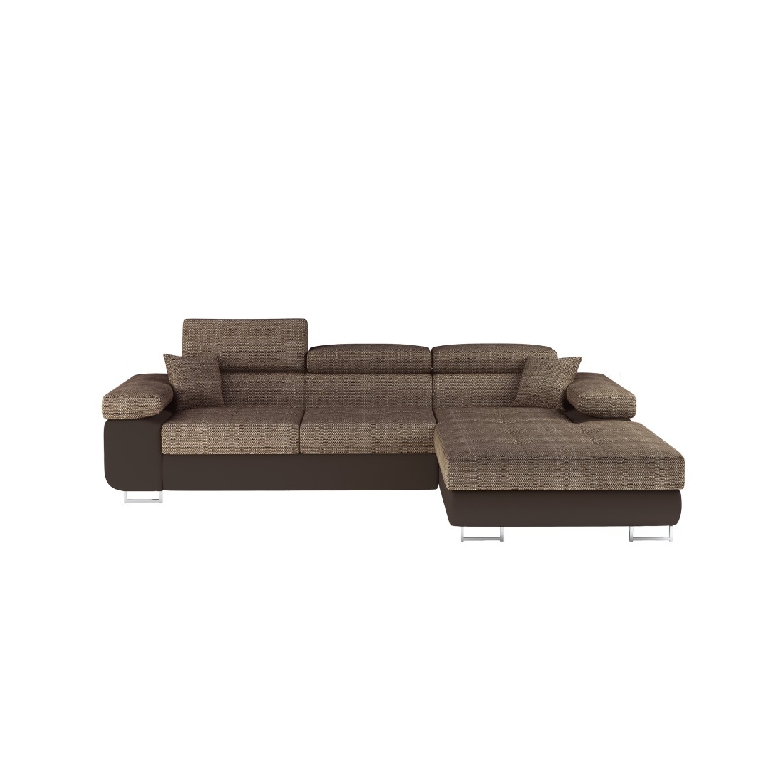 Canapé d’angle convertible AMANDA beige et chocolat – Tissu effet lin – Angle droit 