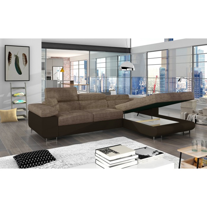Canapé d’angle convertible AMANDA beige et chocolat – Tissu effet lin – Angle droit 