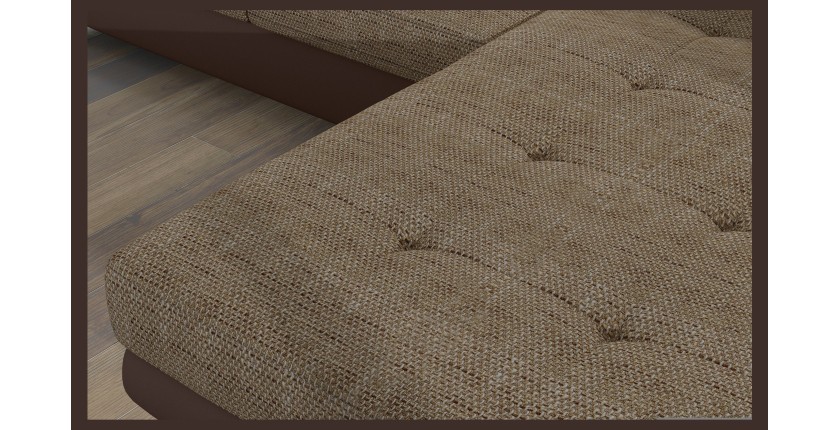 Canapé d’angle convertible AMANDA beige et chocolat – Tissu effet lin – Angle droit 