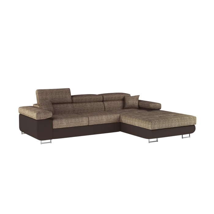 Canapé d’angle convertible AMANDA beige et chocolat – Tissu effet lin – Angle droit 