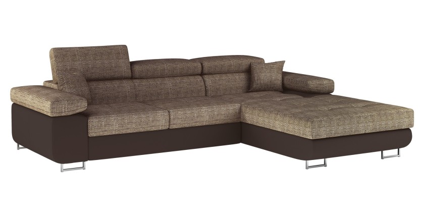 Canapé d’angle convertible AMANDA beige et chocolat – Tissu effet lin – Angle droit 