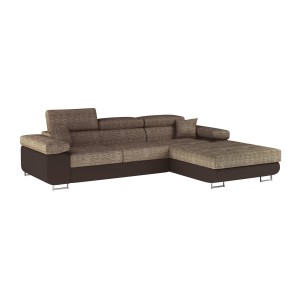 Canapé d’angle convertible AMANDA beige et chocolat – Tissu effet lin – Angle droit 