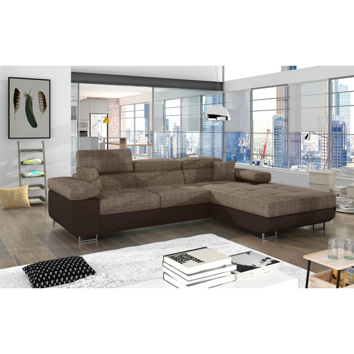 Canapé d’angle convertible AMANDA beige et chocolat – Tissu effet lin – Angle droit 
