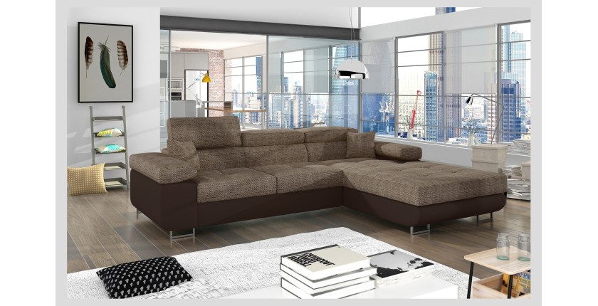 Canapé d’angle convertible AMANDA beige et chocolat – Tissu effet lin – Angle droit 