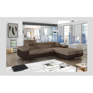Canapé d’angle convertible AMANDA beige et chocolat – Tissu effet lin – Angle droit 