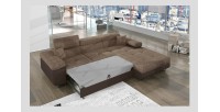 Canapé d’angle convertible AMANDA beige et chocolat – Tissu effet lin – Angle droit 