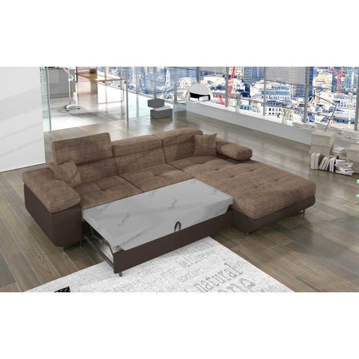 Canapé d’angle convertible AMANDA beige et chocolat – Tissu effet lin – Angle droit 