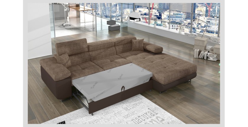 Canapé d’angle convertible AMANDA beige et chocolat – Tissu effet lin – Angle droit 