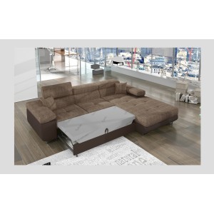 Canapé d’angle convertible AMANDA beige et chocolat – Tissu effet lin – Angle droit 