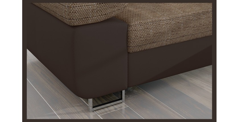 Canapé d’angle convertible AMANDA beige et chocolat – Tissu effet lin – Angle droit 