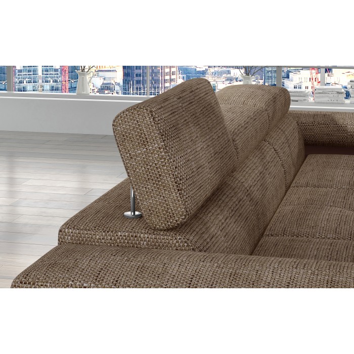 Canapé d’angle convertible AMANDA beige et chocolat – Tissu effet lin – Angle droit 