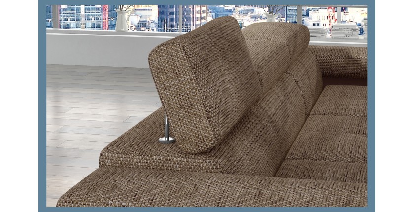 Canapé d’angle convertible AMANDA beige et chocolat – Tissu effet lin – Angle droit 